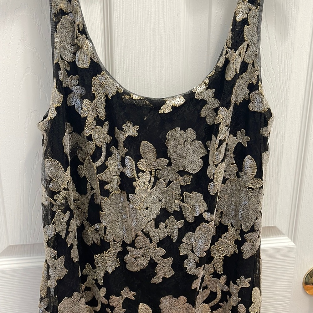 Ralph Lauren Black and Gold Metallic Sequined Sleeveless Sheath Evening Dress.